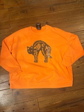 Women's Orange Graphic Skeleton Cat Crewneck Sweatshirt